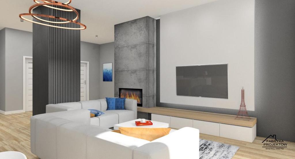 Projekty wnętrz: aranżacja mieszkania 90 m2, podświetlana ściana RTV z kominkiem
